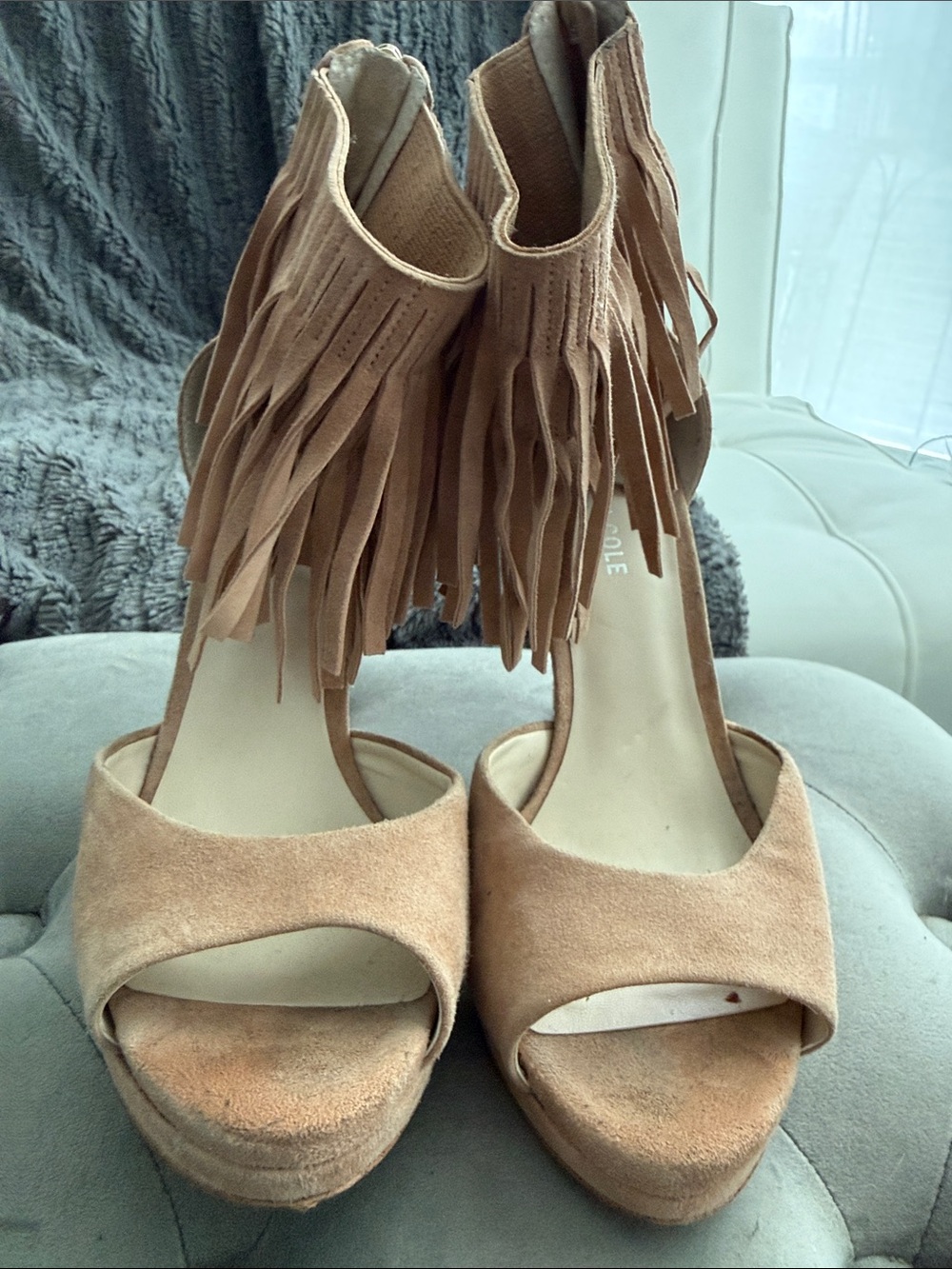 Kenneth Cole Fringe Suede Platform Sandals - Brown